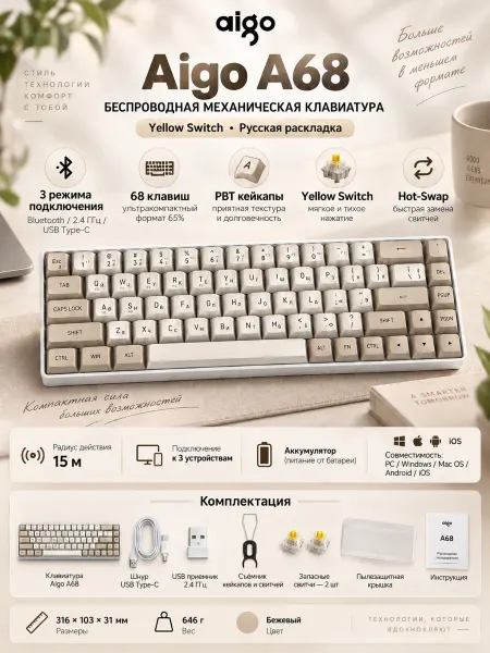 Aigo Клавиатура беспроводная A68 Yellow Switch бежевый