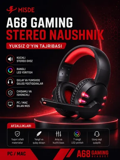 A68 Gaming Стерео Игровые Наушники с Микрофоном RGB LED для ПК, Ноутбука и Смартфона