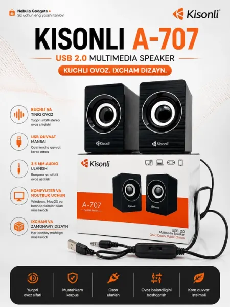 Колонки для компьютера Kisonli A707, USB акустика, мощный звук