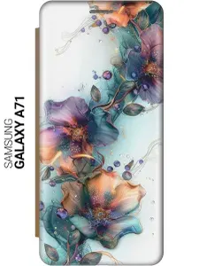 Чехол-книжка на Samsung Galaxy A71 с принтом "Мистические цветы" золотой