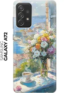 Силиконовый чехол на Samsung Galaxy A72 с принтом "Букет цветов и кофе"