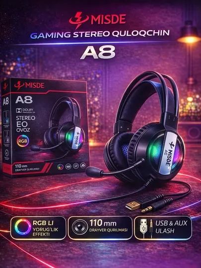 Игровые наушники MISDE A8 RGB, стерео звук, микрофон, USB и AUX для ПК