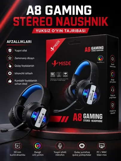 A8 Gaming Стерео Игровые Наушники с Микрофоном RGB LED для ПК, Ноутбука и Телефона