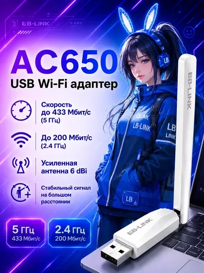 Беспроводной USB Wi-Fi адаптер AC650M LB-LINK с усиленной антенной