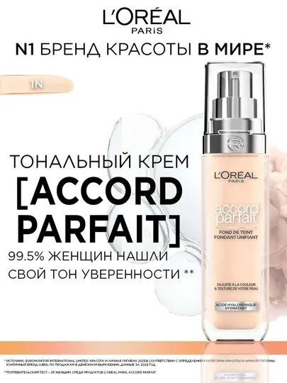 Тональный крем L'Oreal Accord Parfait тон N1 Слоновая кость, 30 мл