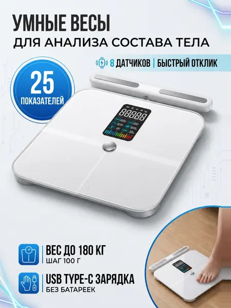 Умные весы с технологией биоимпедансного анализа BIA, анализатор состава тела, Bluetooth, мобильное приложение, белые