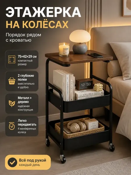 Этажерка металлическая для спальни и гостиной на колесиках