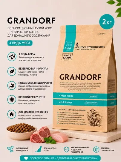Сухой корм для домашних кошек Grandorf Adult Indoor с четырьмя видами мяса, 2 кг