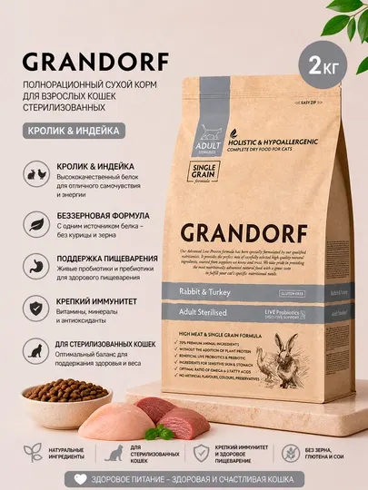 Сухой корм для стерилизованных кошек Grandorf Adult Sterilised с кроликом и индейкой, 2 кг