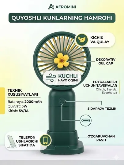 Портативный мини вентилятор AEROMINI, аккумуляторный настольный и ручной вентилятор