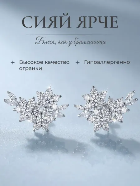 Серьги-цветы объёмные с цирконом бижутерия