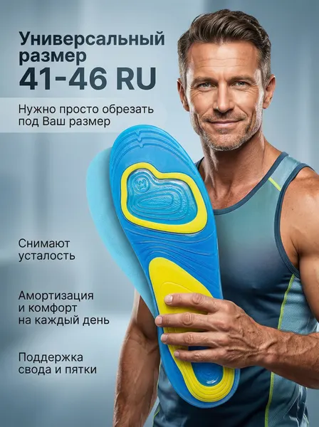 Cтельки для обуви, мужские, анатомические, гелевые, силиконовые, универсальный размер 41-46