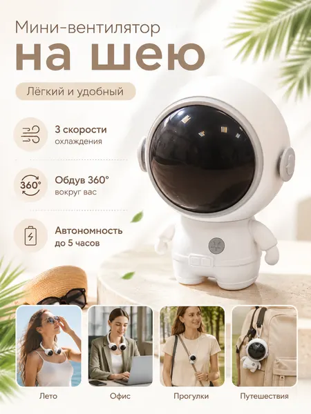 Нашейный вентилятор космонавт, мини вентилятор, 3 скорости, портативный, белый