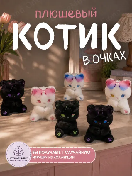 Мягкая игрушка Котик в очках сюрприз