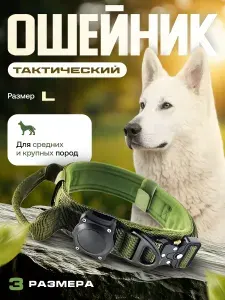 Тактический ошейник с креплением трекера AirTag для средних и крупных пород собак. Цвет зеленый, размер L.