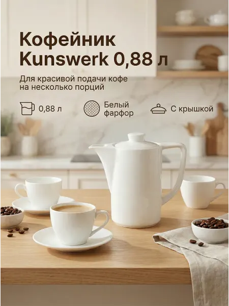 KunstWerk Кофейник чайник заварочный 880 мл, фарфоровый