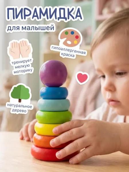 Alatoys Пирамидка детская деревянная развивающая игрушка от года