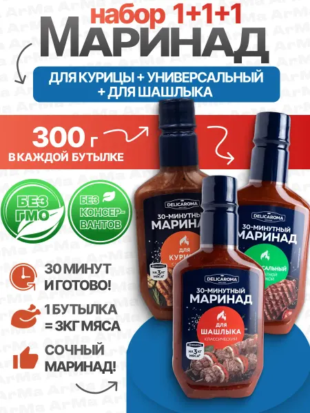 DELICAROMA Маринад для шашлыка+Универсальный+Для Курицы 3шт по 300г
