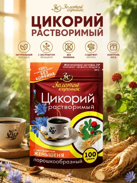 Золотой корешок Цикорий растворимый порошок с женьшенем 100 гр