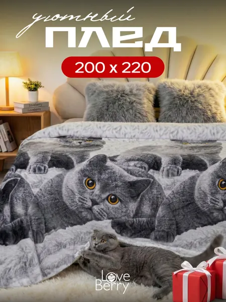 Плед 200х220 см LOVEBERRY плюшевый из велсофта, Евро, в спальню, на диван, Британцы, подарок маме