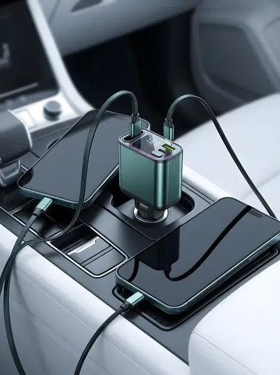 Автомобильное зарядное устройство Green Lion Retractable, с кабелем Type-C/Lightning