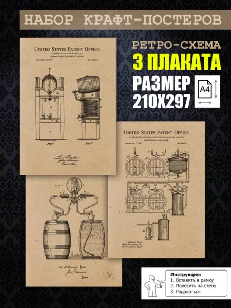 Нет бренда Постер ретро Пивоварение винтаж, А4 (21х29) 3 шт