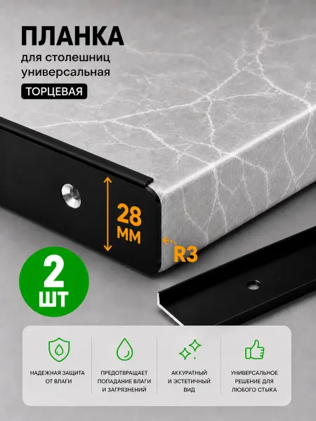 Планки для столешниц черная торцевая 28 мм R3 2 шт