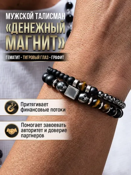 Amulet&Красная нить Набор браслетов‑оберегов тигровый глаз, гематит и графит