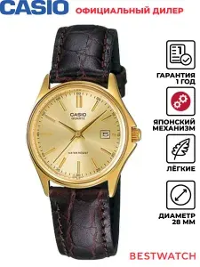 Женские наручные часы Casio Analog LTP-1183Q-9A на кожаном ремне с индикацией даты, золотистые