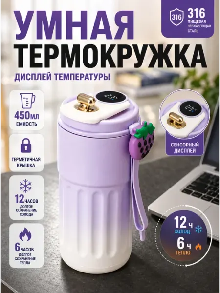 Термокружка автомобильная с дисплеем температуры для кофе