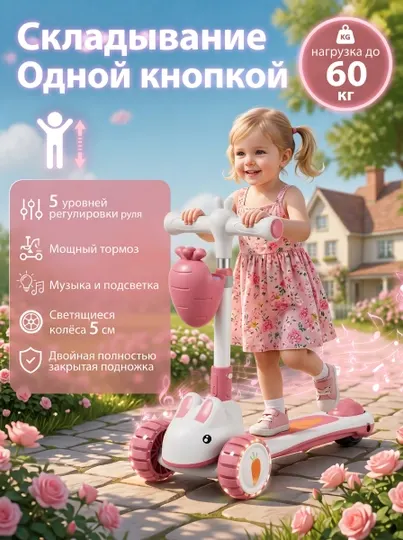 Детский самокат, музыкальная и с дополнительным освещением, выдерживает до 60кг