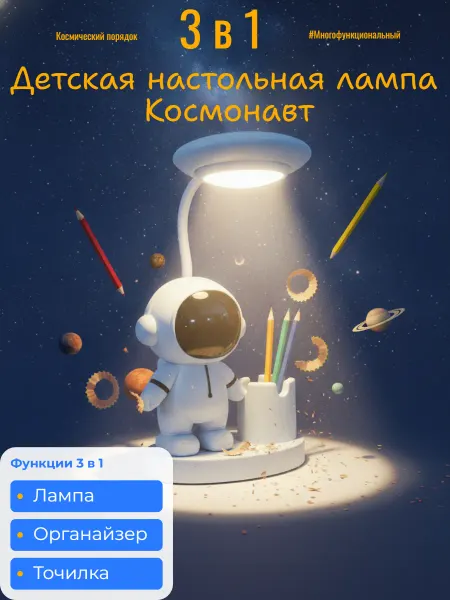 Детская настольная лампа с органайзером и точилкой Космонавт
