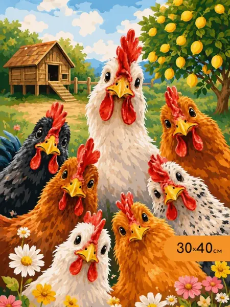 Флюид Картина по номерам на холсте 30x40 см Веселый курятник