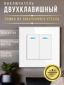 Выключатель двухклавишный белый с рамкой из закаленного стекла