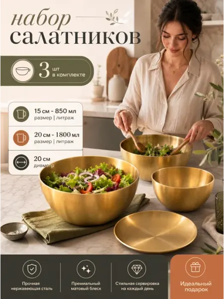 Andreeva Shop Набор мисок салатников из нержавеющей стали золотые