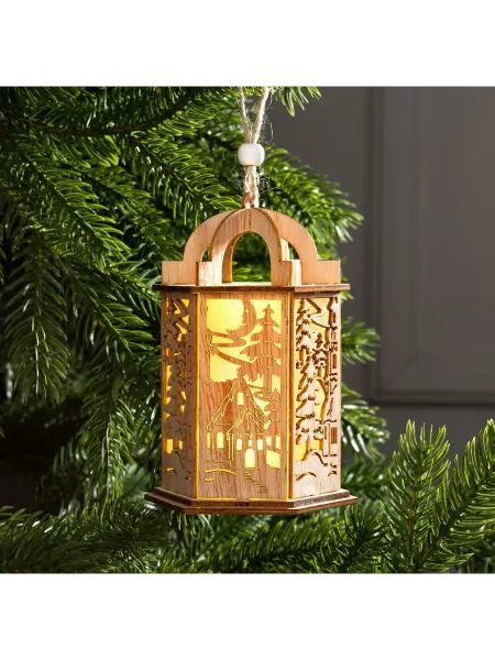 Luazon Lighting Деревянная ёлочная игрушка "Фонарь с домиком" с подсветкой