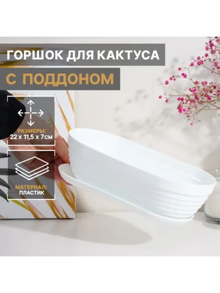 Pro100Style Горшок для кактуса пластиковый белый с поддоном, 2 шт