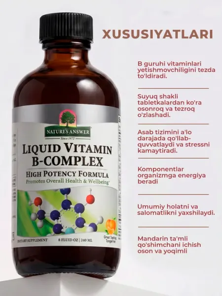 Nature's Answer, жидкий комплекс витаминов группы B, со вкусом мандарина, 240 мл