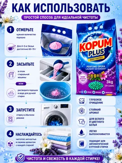 Парфюмированный стиральный порошок KOPUM PLUS для белого и цветного белья - Стиральные порошки