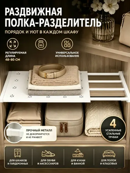 Раздвижная полка 48-80х24 см Полка раздвижная телескопическ