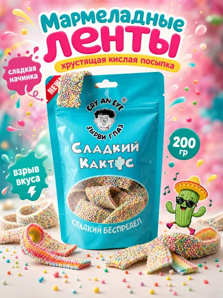 Сладкий Кактус Шокому мармелад жевательный, драже конфеты кислые ленточки 200г
