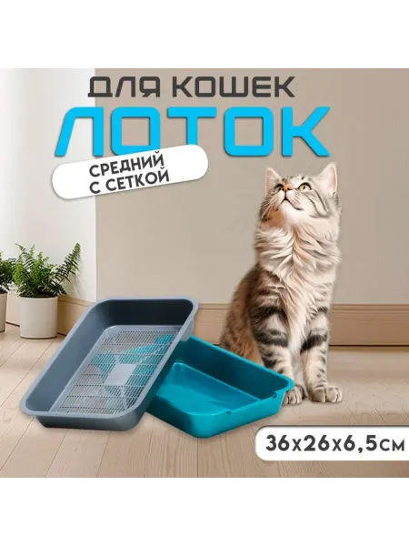 Лоток для кошек с сеткой, пластик, 36х26х6.5 см, серый-бирюз