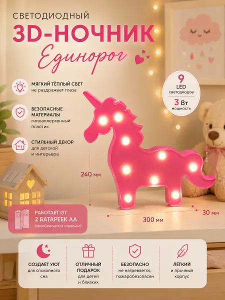 Apeyron Ночник светильник детский для комнаты для девочки Единорог