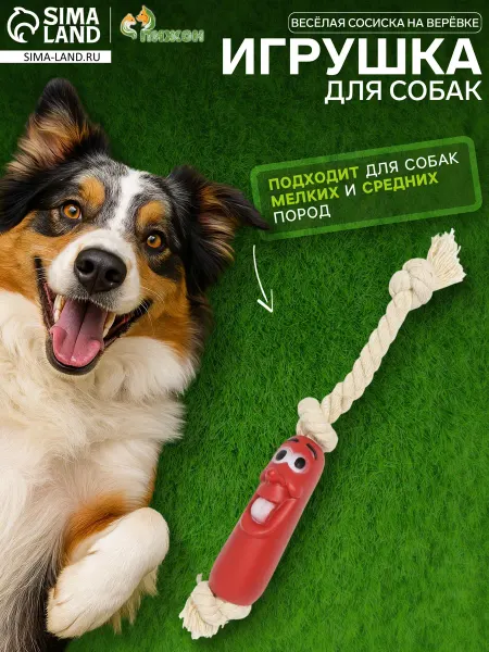 KlubShop ЗОО Игрушка "Весёлая сосиска на верёвке" для собак, 14 см, 2 шт