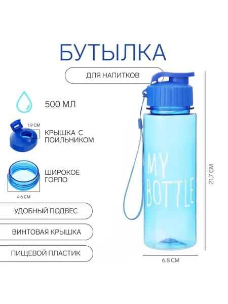Pro100Style Голубая пластиковая бутылка для воды, 500 мл
