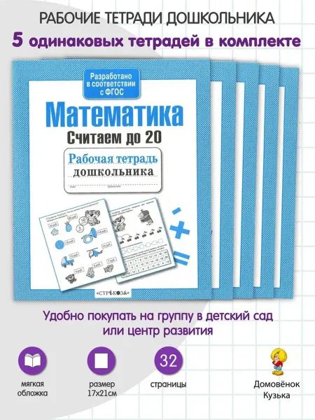 Издательство Стрекоза Математика Считаем до 20. Рабочие тетради дошкольника. 5 шт