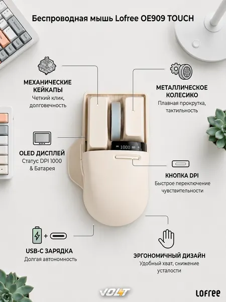 Компьютерная мышь беспроводная Lofree OE909 TOUCH Triple Mode Wireless Mouse Retro Beige