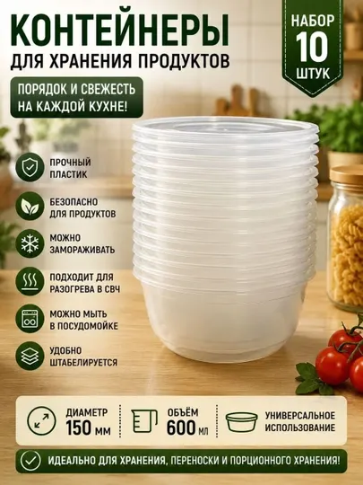 Пластиковый контейнер с крышкой, 600 мл, удобное решение для хранения продуктов - Одноразовая посуда и упаковка