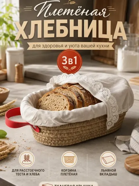 Vividorad Хлебница плетеная с крышкой льняная подкладка