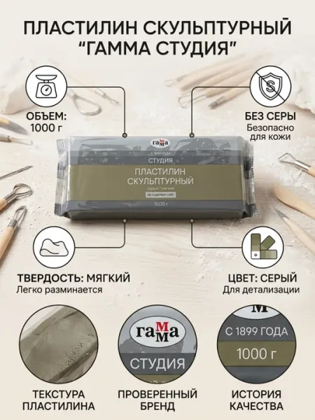 Пластилин скульптурный Гамма «Студия», серый, мягкий, 1 кг